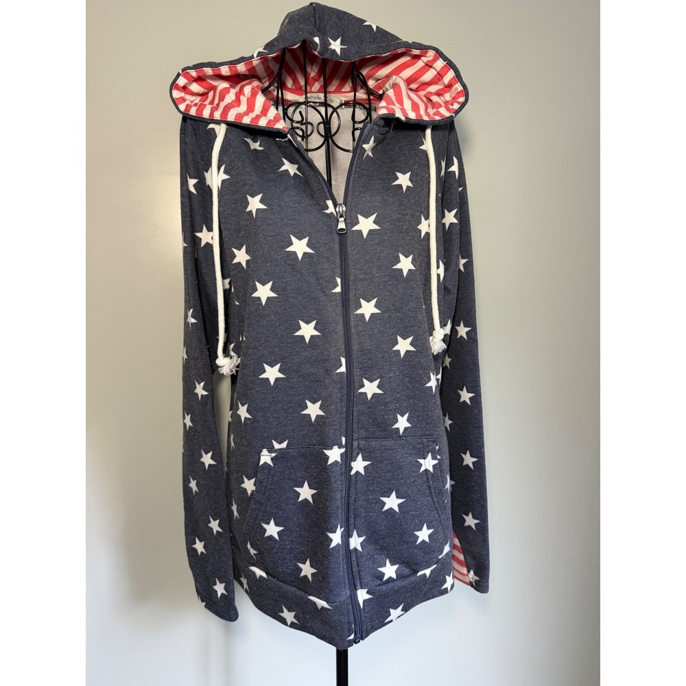 Michelle Mae Womens Star Print Zip Up Hoodie Navy Blue Americana Patriotic Small